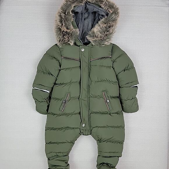 Tartine et Chocolat Baby Khaki Green Hooded Bunting Puffy Snowsuit Faux Fur 3M - Picture 1 of 16